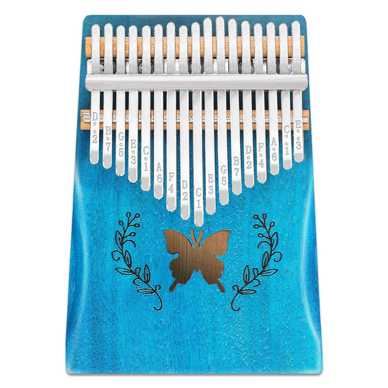 UMORNING Kalimba 17 Keys Thumb Piano Butterfly Pattern Solid Mahogany Wood Portable Finger Piano with Study Instruction and Tune Hammer Gift for Adults, Kids and Beginners A-blue