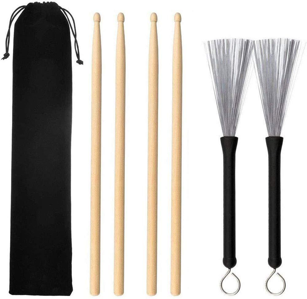 Tzong 1 Pair Drum Wire + 2 pairs of 5A Maple Drum Sticks Brushes Retractable Black Rubber Handles Loop End Metal Wire Drum Brushes Sticks with Beam Mouth Plush Bag Drum Wire + 5A Maple Drum Sticks