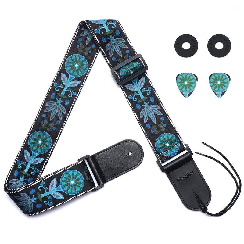 Eyeshot Guitar Strap Adjustable Soft Guitar Strap with Genuine Leather End, Acoustic Electric Bass Guitar Strap with Strap Locks & Strap Picks Blue Flower