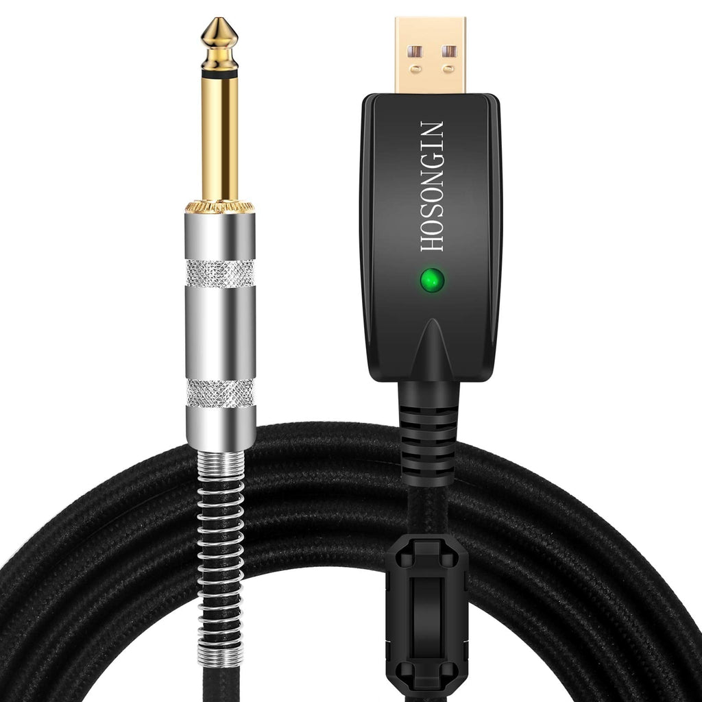 USB Guitar Cable 10Ft, HOSONGIN 1/4 Inch TS Mono Gold-Plated Plug to USB Male Gold-Plated Plug, Nylon Braid Electric Guitar Cable Black Nylon - 10Feet