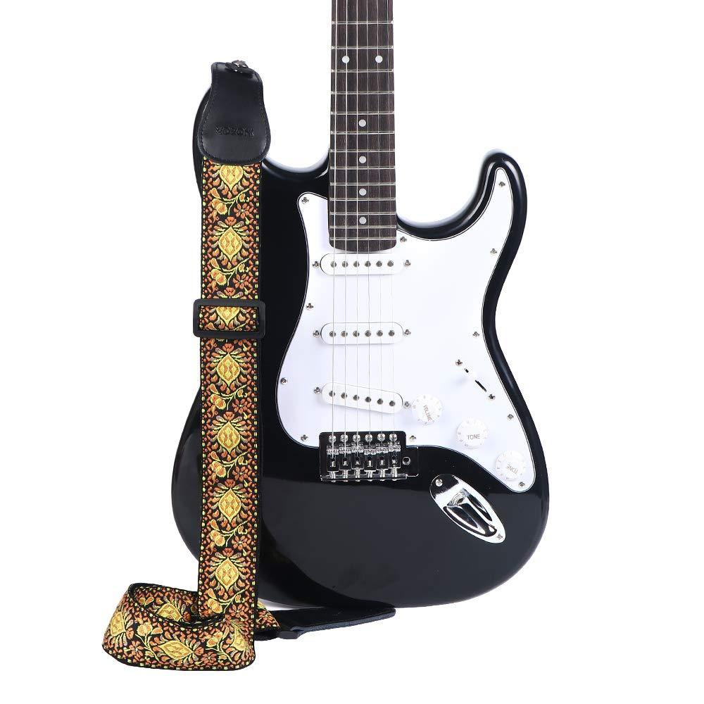 Guitar Strap, IHOBOR Jacquard Shiny Diamond Acoustic Electric Bass Guitar Strap with Genuine Leather End, Vintage Classical Pattern Design Included Strap Locks, Picks & Strap Button