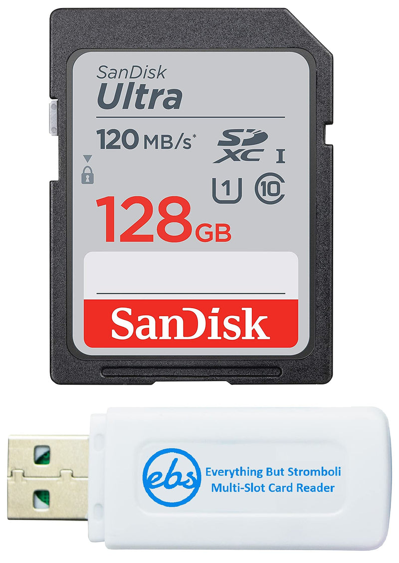 SanDisk 128GB SD Ultra Memory Card for Waterproof Camera Works with Olympus Tough TG-6, TG-5, TG-4, TG-3, TG-870 (SDSDUN4-128G-GN6IN) Plus (1) Everything But Stromboli SD Card Reader 128GB & White Reader