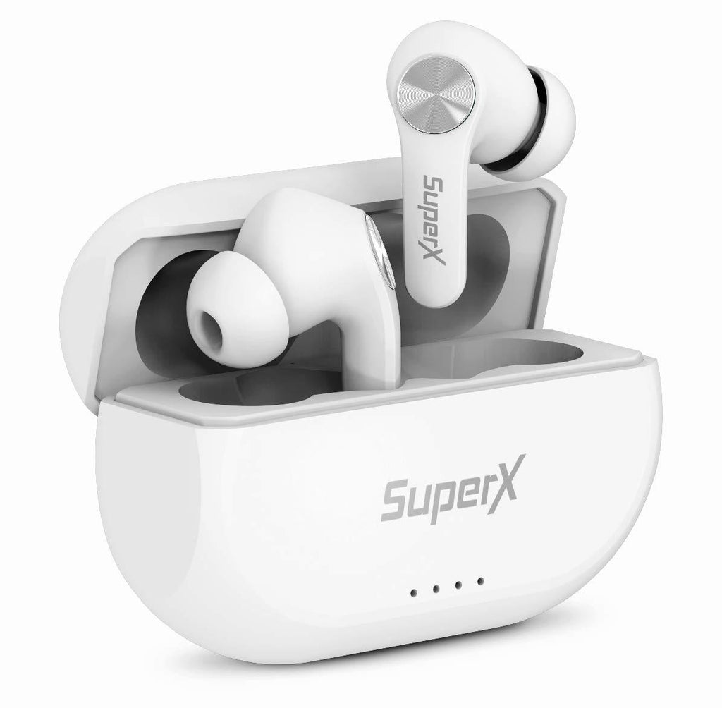 SuperX Bluetooth 5.0 Wireless Earbuds with Charging Case IPX5 Sweatproof Headset/Headphones in Ear Built in Mic Industrial Leading TWS Sound with Sport Pumping Bass - Platinum Silver