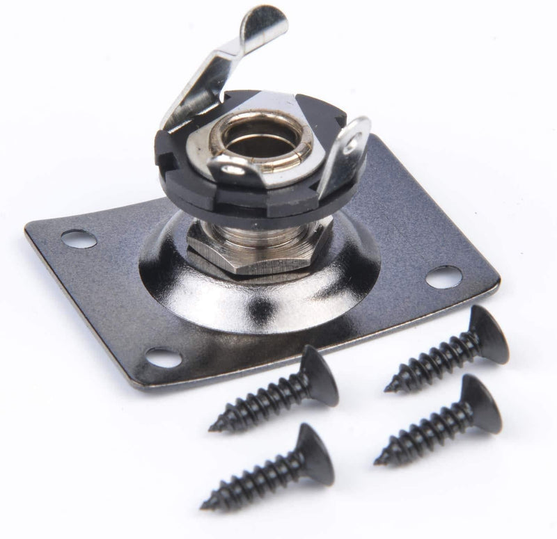 Guitar Bass Jack Plate Jack socket, Rectangular Dented, Metal and 0.25-Inches (6.35mm) Output Input Jack Plate Screws for Guitar Replacement Parts (Black)