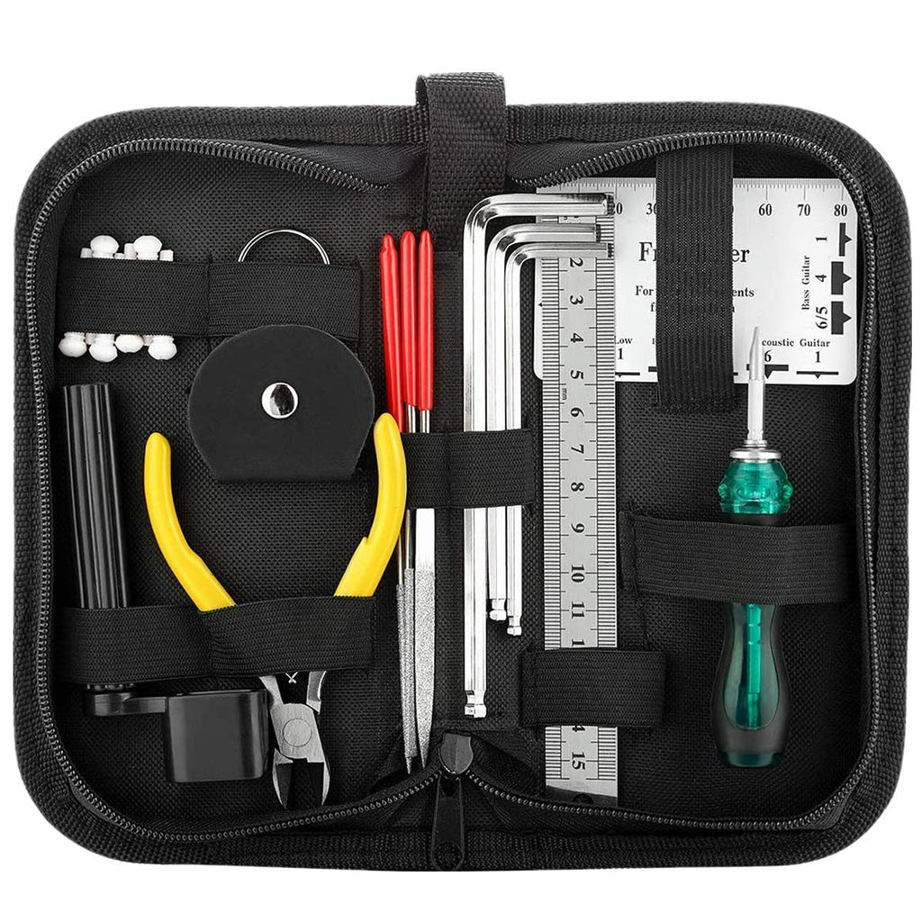 TIMESETL 23 Pcs Guitar Repairing Tool Kit with Wire Plier, Hex Wrenches, Files, String Action Ruler, Bridge Pins and Carry Bag for Acoustic Guitar, Ukulele, Bass, Mandol, Banjo, Maintenance