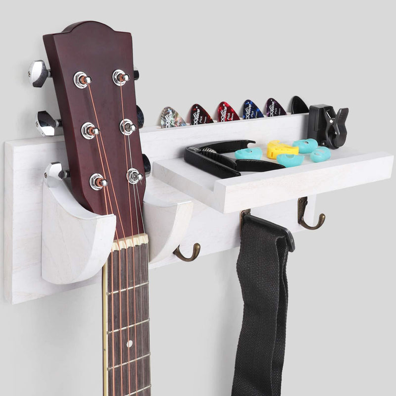 Bikoney Guitar Holder Wall Mount Bracket Hanger Guitar Wood Hanging Rack with Pick Holder and 3 Hook Vintage White