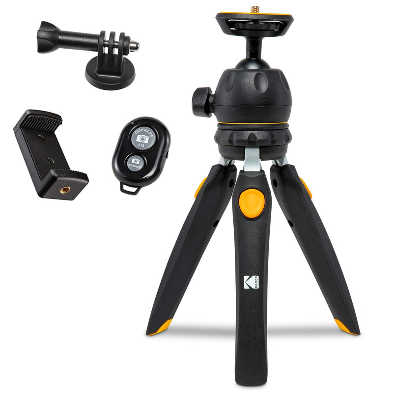 KODAK PhotoGear Mini Adjustable Tripod with Remote, 360° Ball Head, Compact 9” Tabletop Tripod,11” Selfie Stick, 5-Position Legs, Rubber Feet, Smartphone & Action Camera Adapters, E-Guide Included