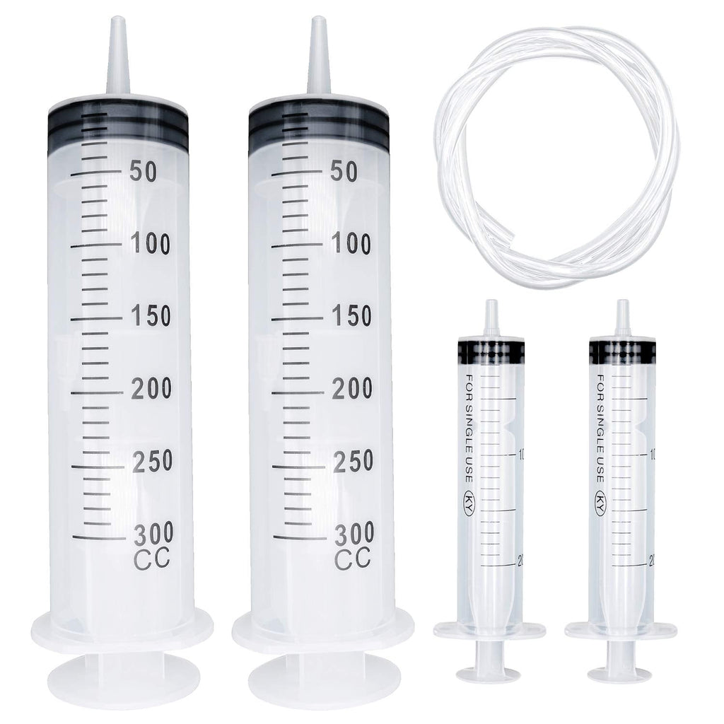 S-Mechanic 2 Pack 300ML Plastic Extra Large Syringes, 2 Pack 20ML Plastic Syringes with Soft Tube for Glue Dispensing, Scientific Labs, Watering, Refilling, Multiple Uses (300ML)