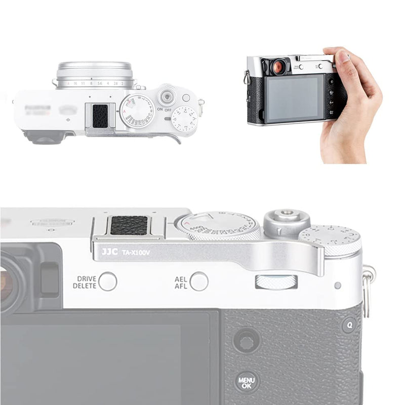 JJC Metal Thumbs Up Grip for Fuji Fujifilm X-E4 XE4 X-E3 XE3 X100V X100F with Hot Shoe Cover Protector Not Interfere with Controls of Camera -Silver SILVER