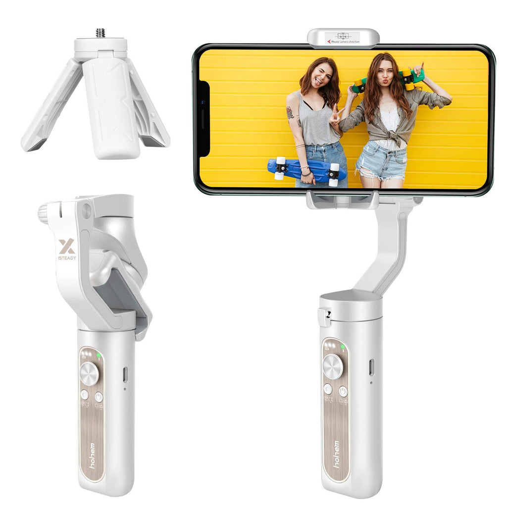 3 Axis Gimbal Stabilizer for iPhone 11 Pro Max XS X - 0.57lbs Lightweight & Foldable Handheld Gimbal Stabilizer for Smartphone 3D Inception Dolly Zoom Time-Lapse Vlog YouTube Video - Hohem iSteady X White