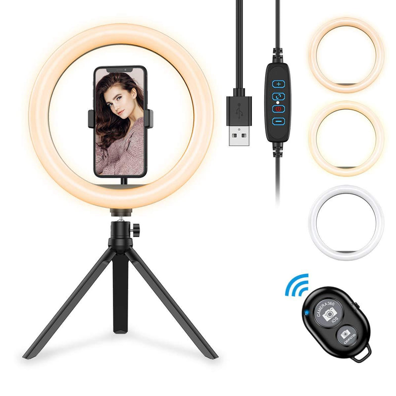 Criacr 10'' LED Ring Light with Tripod Stand, for Live Streaming & YouTube Video, Dimmable Desk Makeup Light for Phpgography, with Cell Phone Holder, 3 Light Modes and 10 Brightness Level