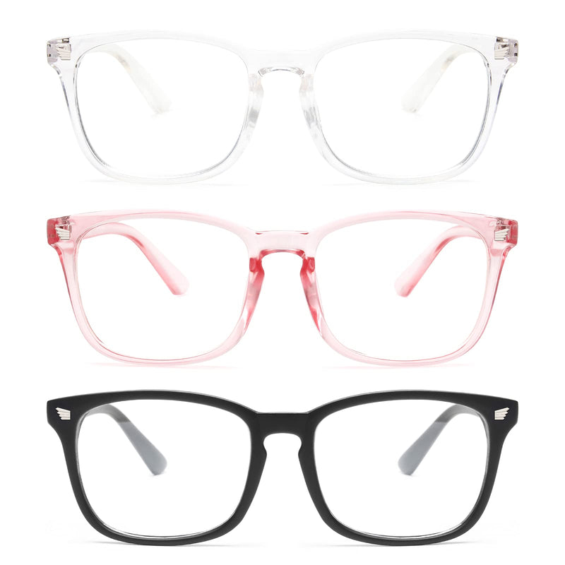 Gaoye 3-Pack Blue Light Blocking Glasses, Fashion Square Fake Nerd Eyewear Anti UV Ray Computer Gaming Eyeglasses Women/Men Matte Black+transparent+pink