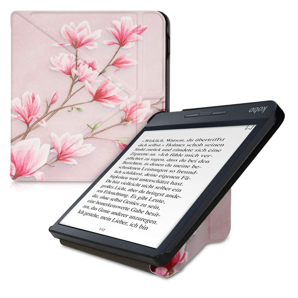 kwmobile Origami Case Compatible with Kobo Libra H2O - Case Slim Premium PU Leather Cover with Stand - Magnolias Pink/White/Dusty Pink Magnolias 33-02-10