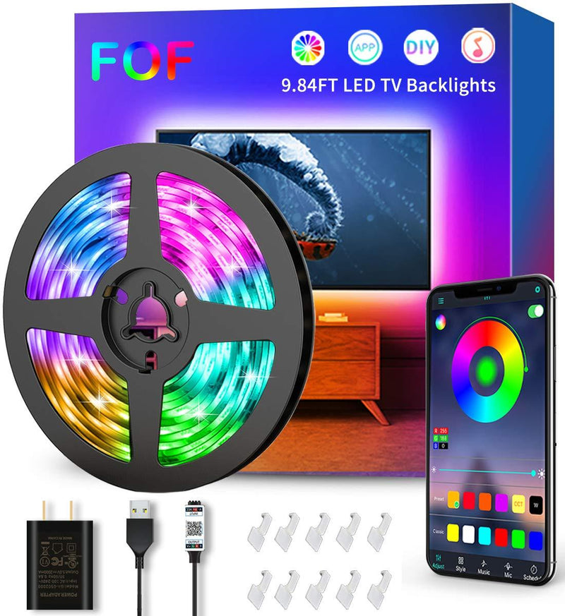 [AUSTRALIA] - LED Strip Lights, FOF TV LED Backlights 9.84ft for 42-70 inch TV, 16 Million Colors Phone Bluetooth App Controlled Music Sync Light Strip for TV PC Monitor Gaming Room Bedroom, USB Powered, 5V 2A Plug 