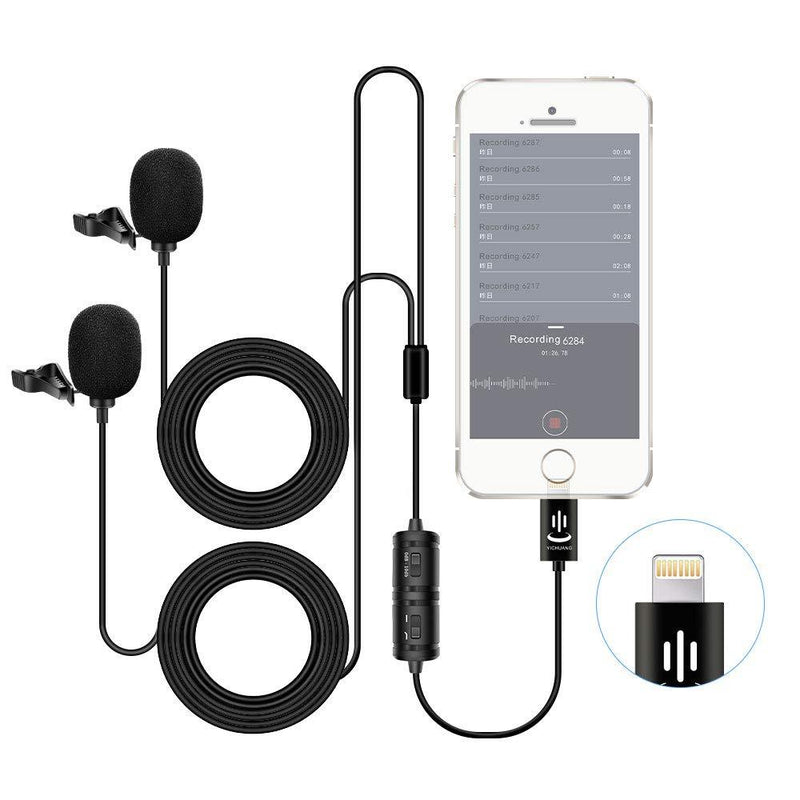 [AUSTRALIA] - Lavalier Microphone,YICHUANG VM-60 Dual Clip-on Handsfree Omnidirectional Condenser Interview Lapel Mic,Lightning Connector for iPhone X Xr Xs Max 11 Pro 8 8plus 7 7plus 6 6plus,iPad (3.5M) Lightning connector 