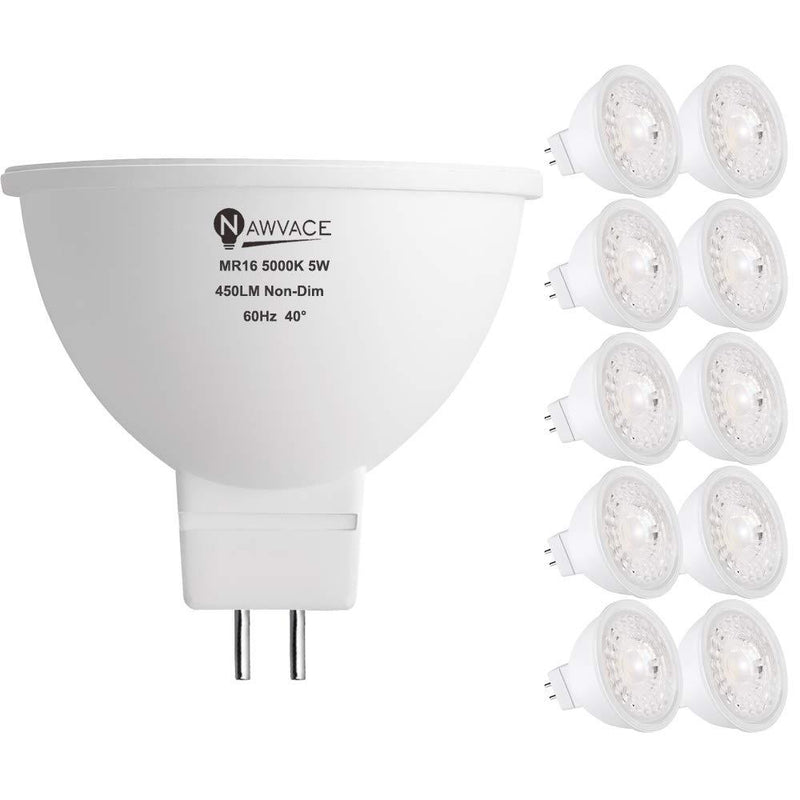 MR16 12V LED Bulb 50W Halogen Equivalent, Non-Dimmable, 5000K Daylight, GU5.3 Bipin Outdoor Landscape Light Bulbs, 5W 500LM Spotlight Replacement for Track Recessed Lighting,10-Pack