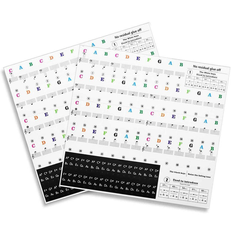 Piano stickers Removable Keyboard Stickers for 88/61/54/49/37 Key Colorful Large Bold Letter Staff Stickers Thinner Material and Transparent 2PCS(Colorful)