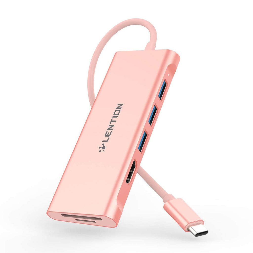 LENTION USB C Hub with 4K HDMI, 3 USB 3.0, SD 3.0 Card Reader Compatible 2020-2016 MacBook Pro 13/15/16, New iPad Pro/Mac Air/Surface, Chromebook, More, Multi-Port Dongle Adapter (CB-C34, Rose Gold)