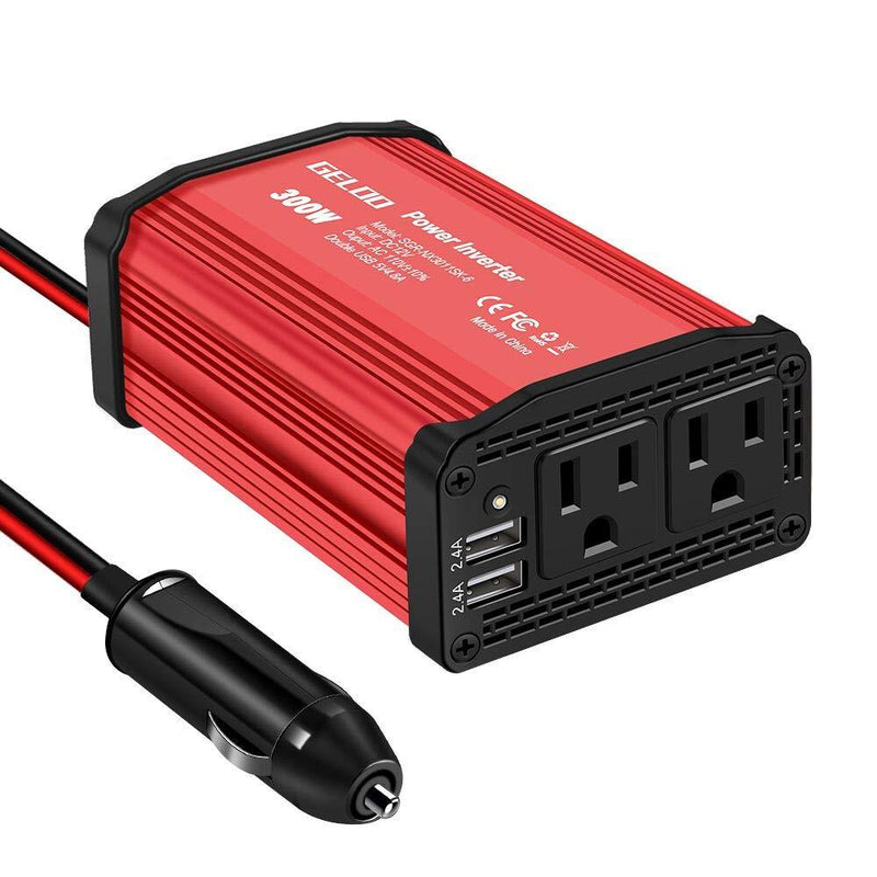 Upgraded 300W Power Inverter, DC 12V to 110V AC Car Power Converter with 4.8A Dual USB Ports Car Charger Adapter (Red) Red