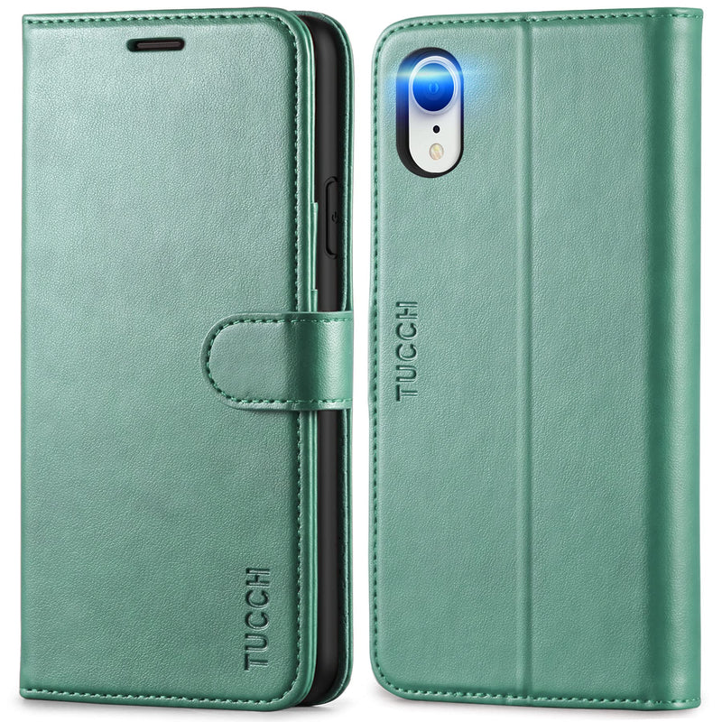 [AUSTRALIA] - TUCCH iPhone XR Wallet Case, iPhone XR Case, Premium PU Leather Flip Cover [Shockproof TPU Shell] with Stand RFID Blocking Credit Card Slot Wireless Charging Compatible with iPhone XR, Myrtle Green 