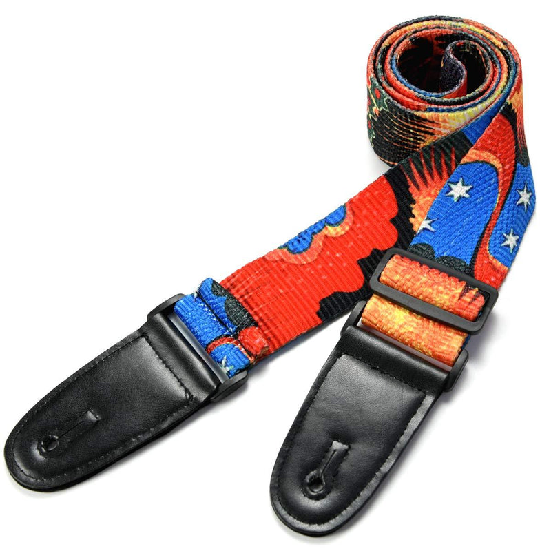 WOGOD Guitar Strap ,Adjustable Soft Guitar Strap with Leather Ends, Acoustic Electric Bass Guitar Straps (Red sun)