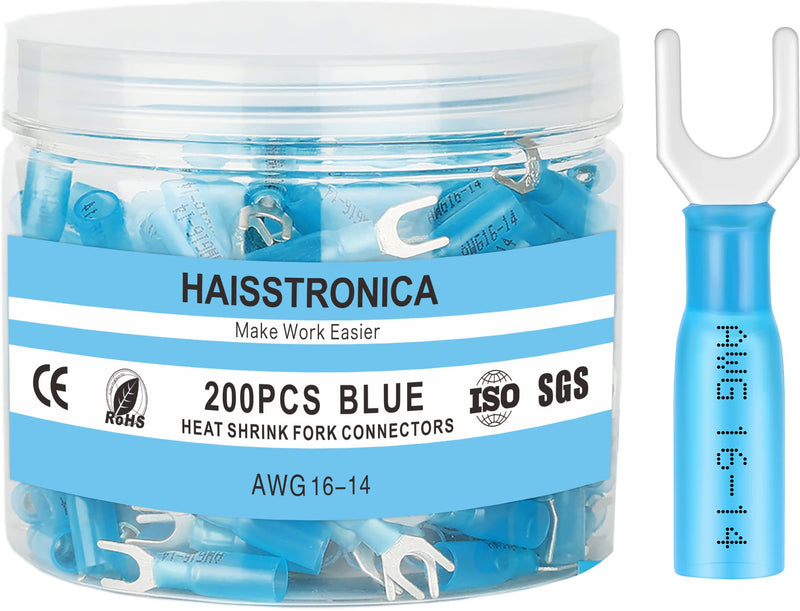 Haisstronica 200PCS Blue 16-14 Gauge Marine Grade Heat Shrink Fork Connectors-Tinned Red Copper 0.7mm #10 Crimp Connectors Fork Terminals-Insulated Electrical Connectors for Aircraft,Boat,Truck,Stereo