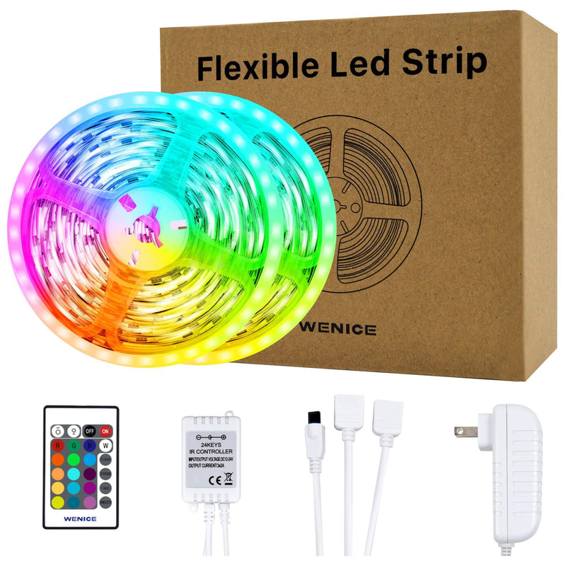 LED Strip Lights 50 ft,WENICE 15m RGB Flexible LED Tape Lights with DC12V Power Supply 24Key IR Remote Controller for Bedroom, Living Room