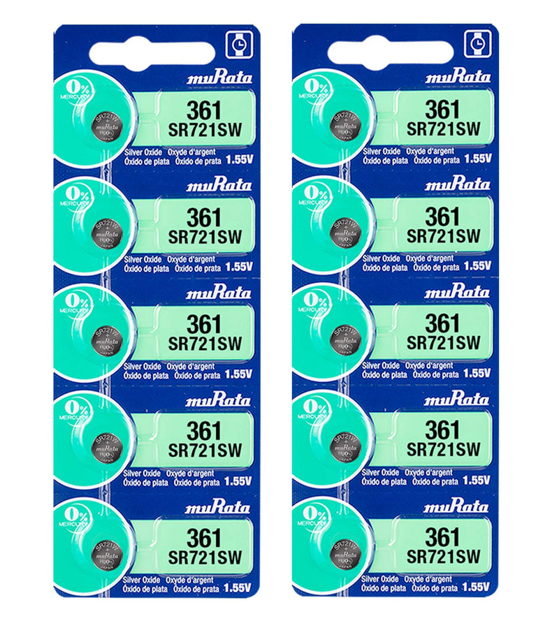 Murata 361 Battery SR721W 1.55V Silver Oxide Watch Button Cell (10 Batteries) 10 Batteries
