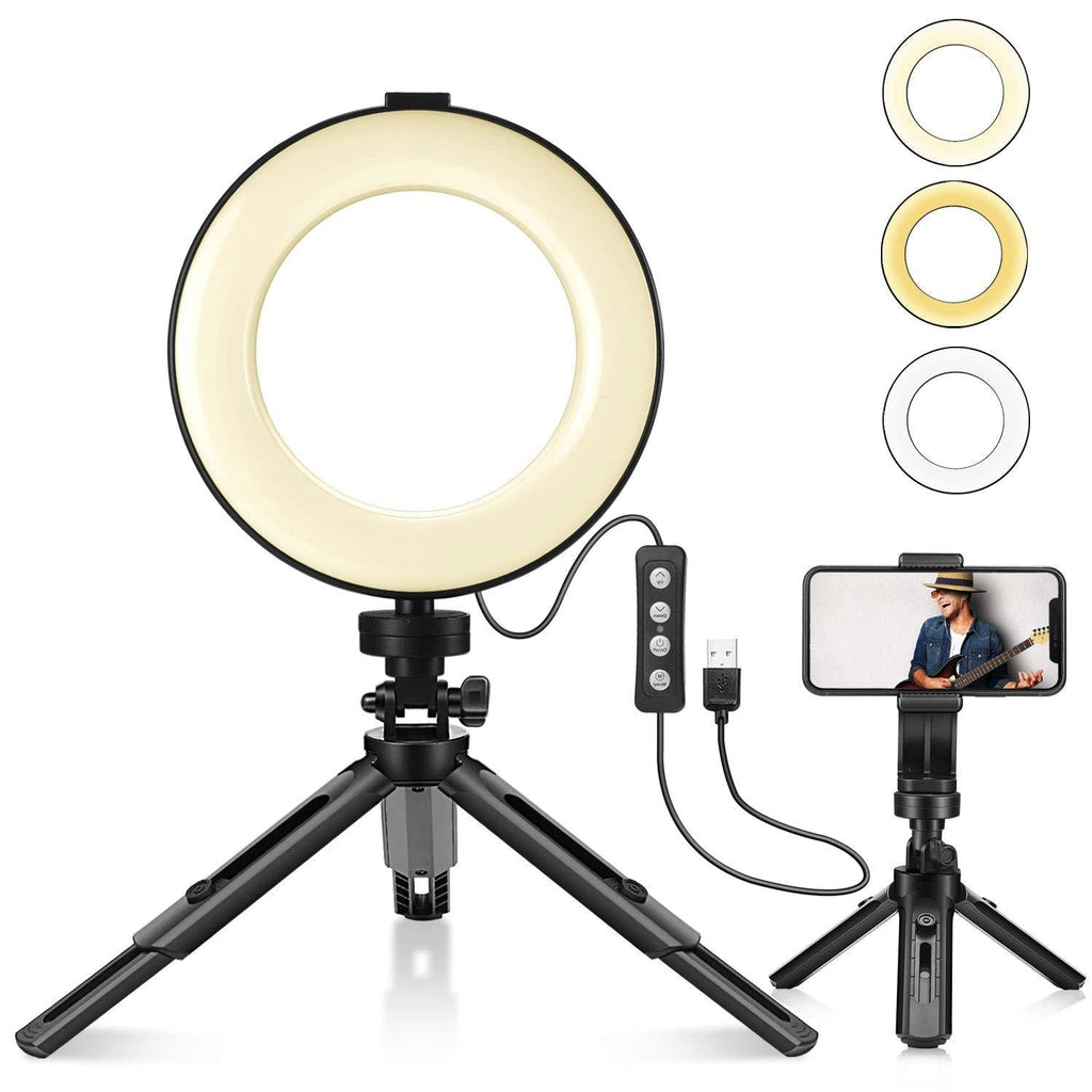 LED Ring Light 6'' with Stand Tripod for Makeup, Live Streaming & YouTube Video, Table LED Camera Light with Cell Phone Holder, Mini Dimmable Lamp with 3 Light Modes & 11 Brightness Level (6 inch)