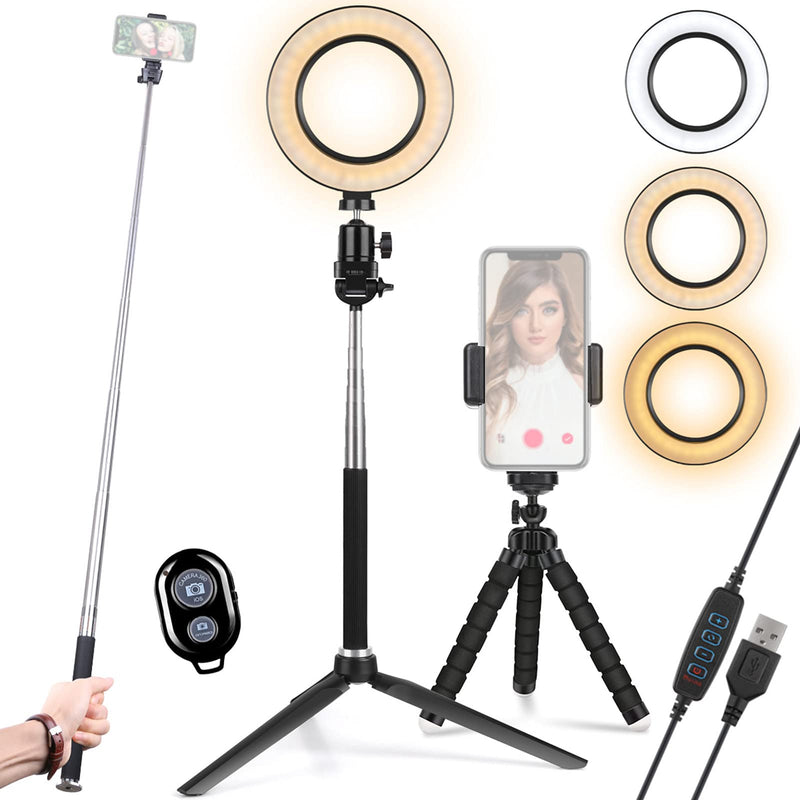 6 inch Selfie Ring Light with Tripod Stand & Phone Holder & Selfie Stick for Live Stream/Photography/Makeup,Dimmable LED Ringlight 3 Modes 10 Brightness Levels for TikTok/YouTube(Upgraded)