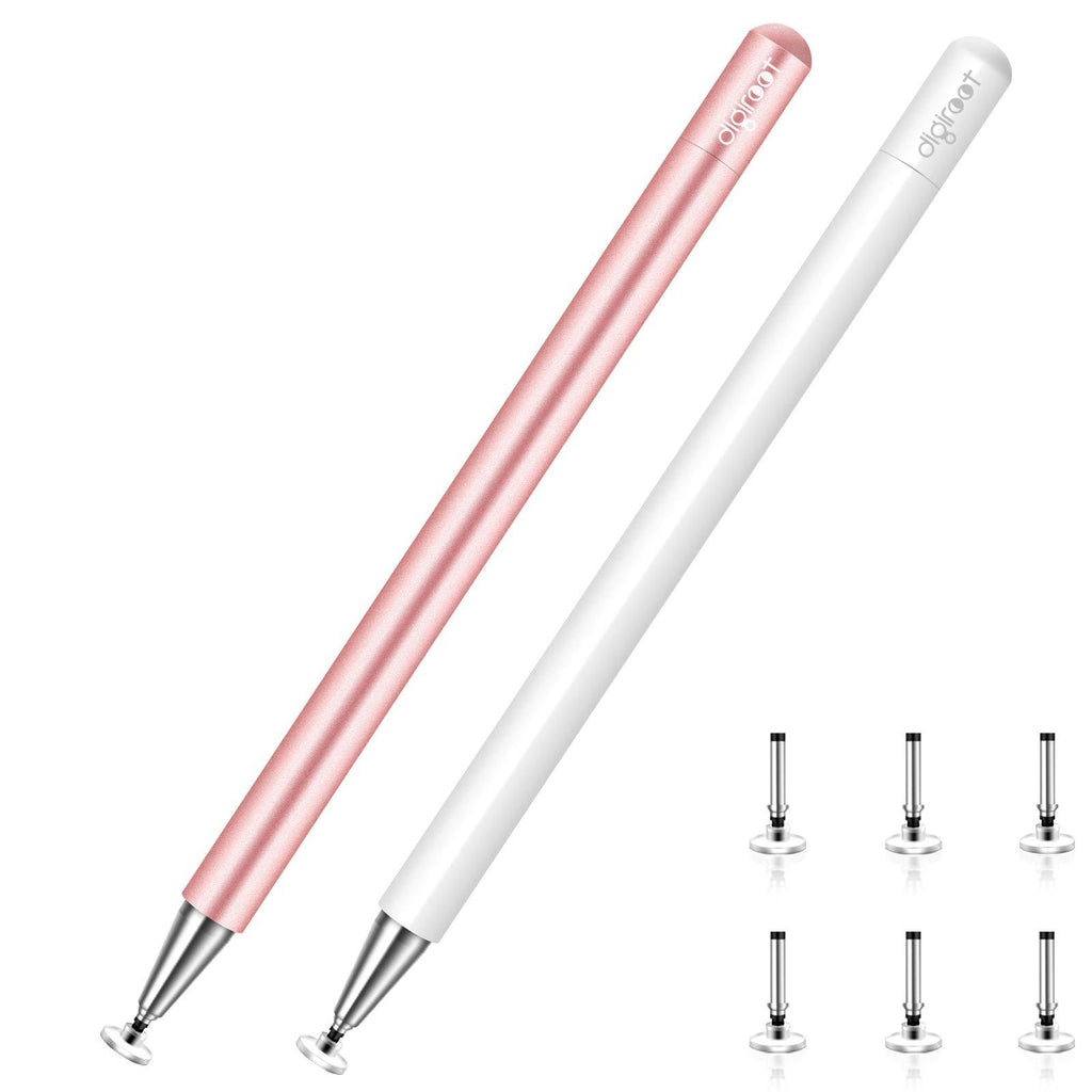Stylus for iPad, Digiroot Touch Screens Stylus Pens with Magnetism Cover Cap Universal Stylus for Apple/iPhone/Ipad Pro/Mini/Air/Android/Surface with 3 Replacement Tips - (2 Pcs - Rose Gold/White) White/Rose Gold