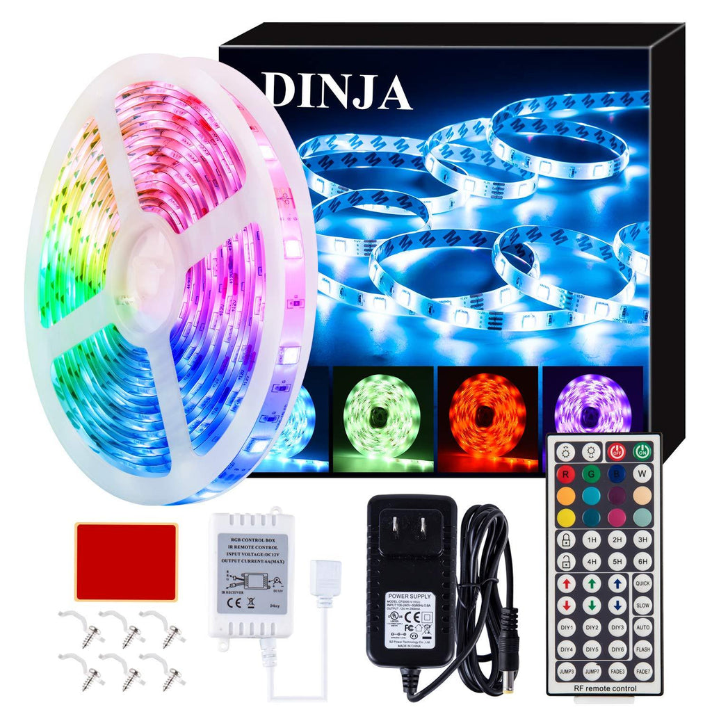 [AUSTRALIA] - DINJA 12V LED RGB Strip Rope Colored Flexible Lights 16.4ft/5M Waterproof,Upgrated 44 Keys RF Remote Controller Timing Off,Lock and Unlock for TV Home,Bedroom,Kitchen, Indoor,Decoration Lighting. Rgb (Red, Green, Blue) 16.4ft Waterproof 