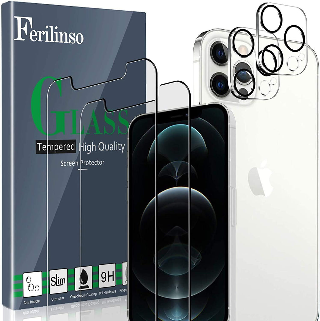 Ferilinso [4 Pack] 2 Pack Screen Protector for iPhone 12 Pro with 2 Pack Camera Lens Protector [Tempered-Glass] [Military Protective] [HD Clear] [Case Friendly] [Anti-Fingerprint] [Anti-Scratch] 2 pcs-Clear