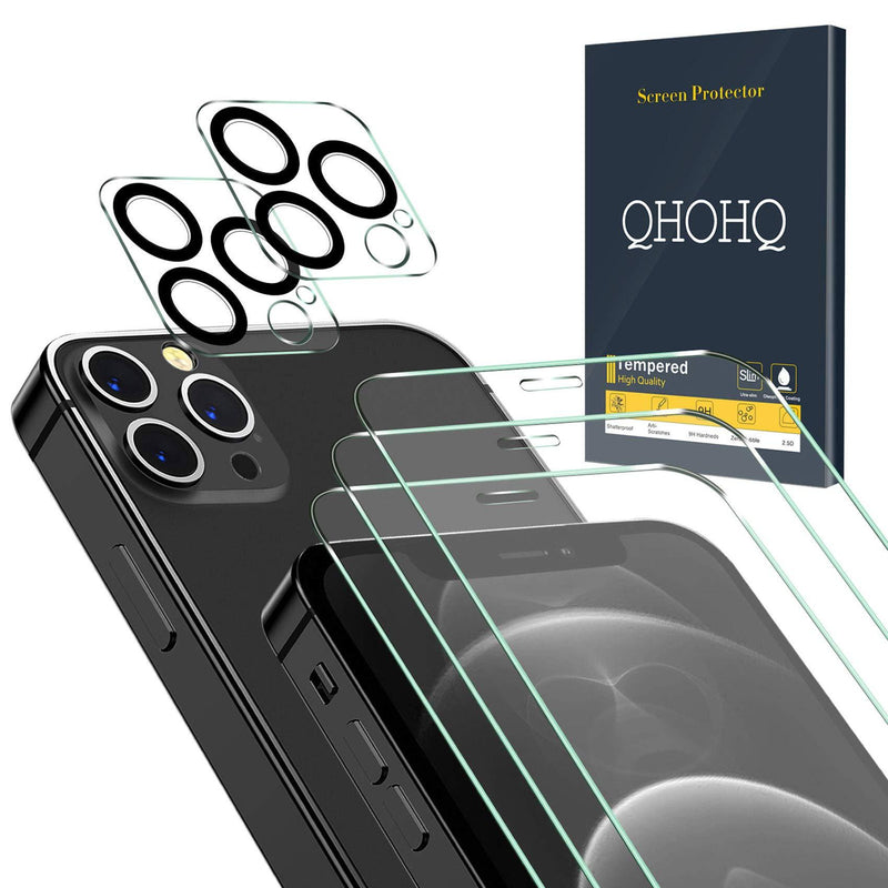 QHOHQ 3 Pack Screen Protector for iPhone 12 Pro 6.1” with 2 Packs Camera Lens Protector, HD Full Screen Tempered Glass Film, 9H Hardness, 2.5D Edge, Bubble Free, Scratch Resistant-Case Friendly Transparent