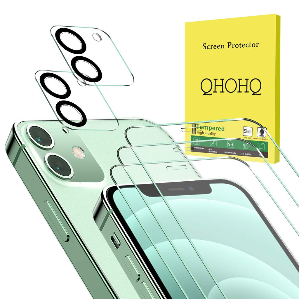 QHOHQ 3 Pack Screen Protector for iPhone 12 6.1” with 2 Packs Camera Lens Protector, HD Full Screen Tempered Glass Film, 9H Hardness, 2.5D Edge, Bubble Free, Scratch Resistant-Case Friendly Transparent