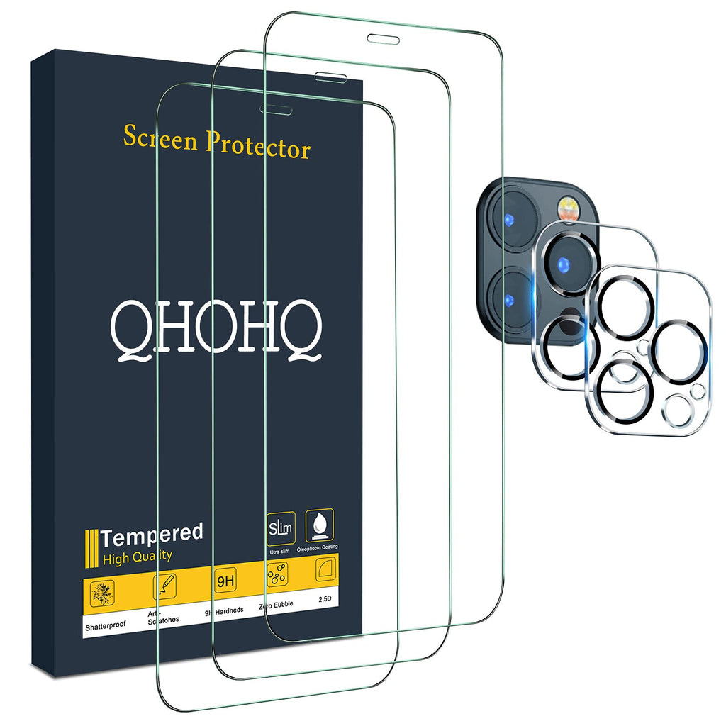 QHOHQ 3 Pack Screen Protector for iPhone 12 Pro Max 6.7” with 2 Packs Camera Lens Protector, HD Full Screen Tempered Glass Film, 9H Hardness, 2.5D Edge, Bubble Free, Scratch Resistant-Case Friendly Transparent