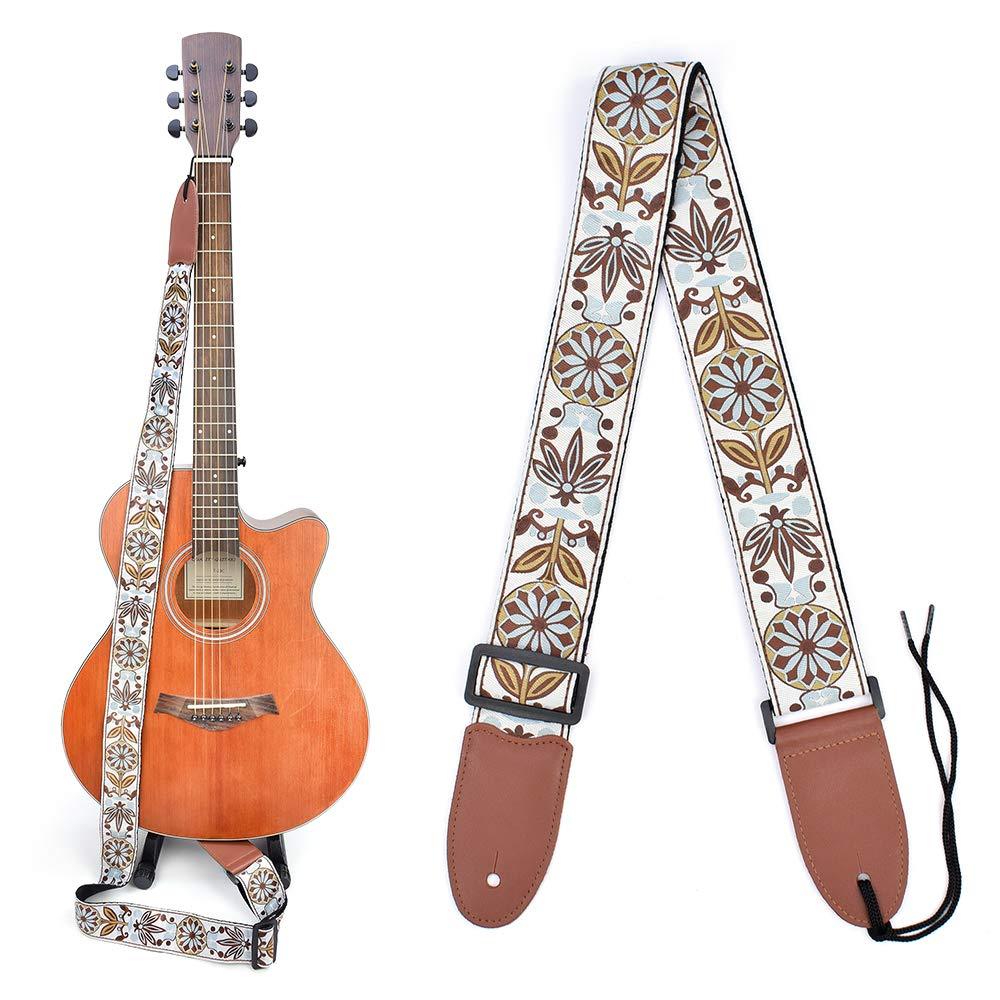 Guitar Strap Acoustic Electric Bass Guitar Leather Ends For Men Women With Jacquard Fabric Pattern White Brown Woven