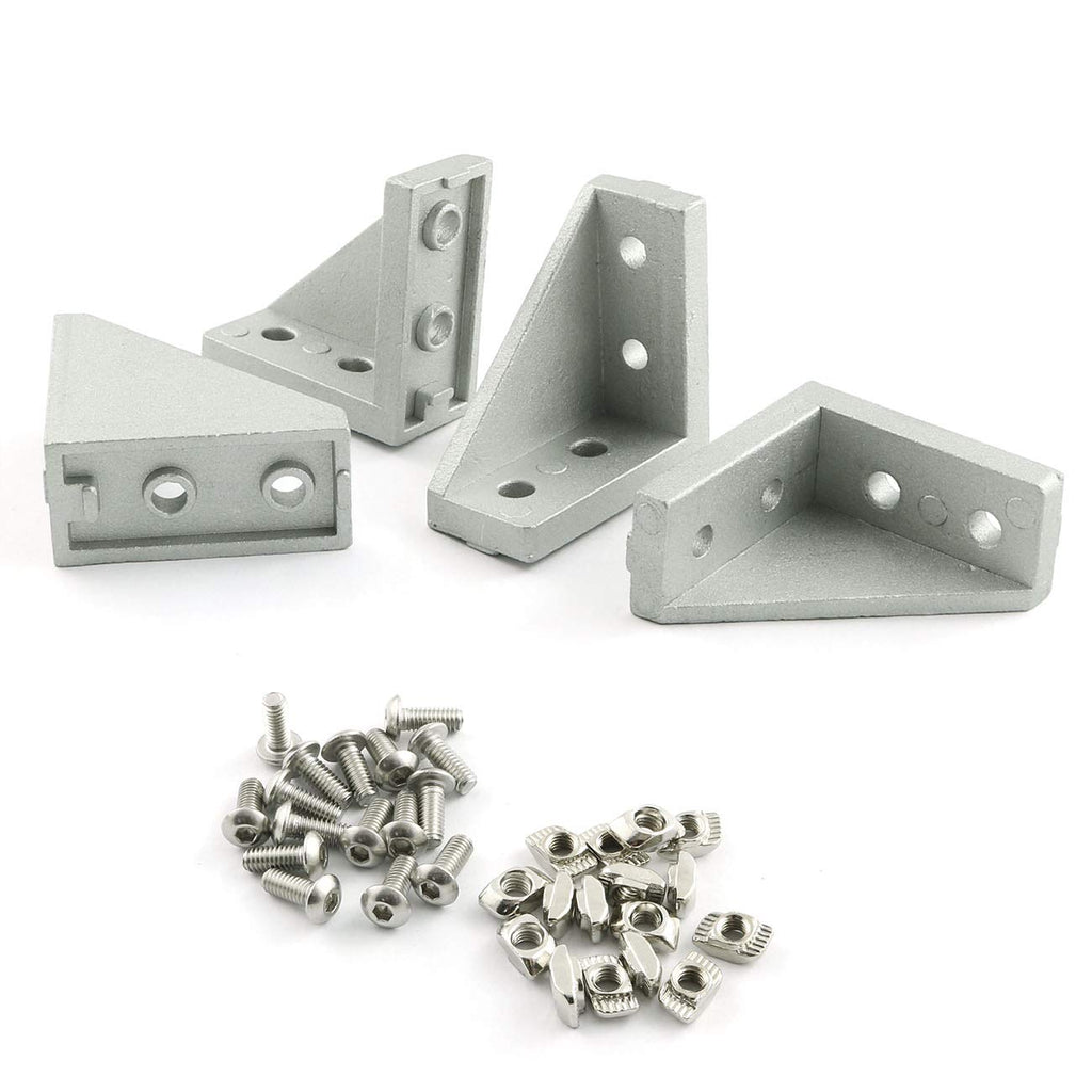 PZRT 4Sets 2040 Corner Fitting Angle Aluminum 20 x 40 L Connector Bracket Fastener Fasten Connector with Allen Screws and T Nut for 2020 Series Extrusion Aluminum Profile Silver