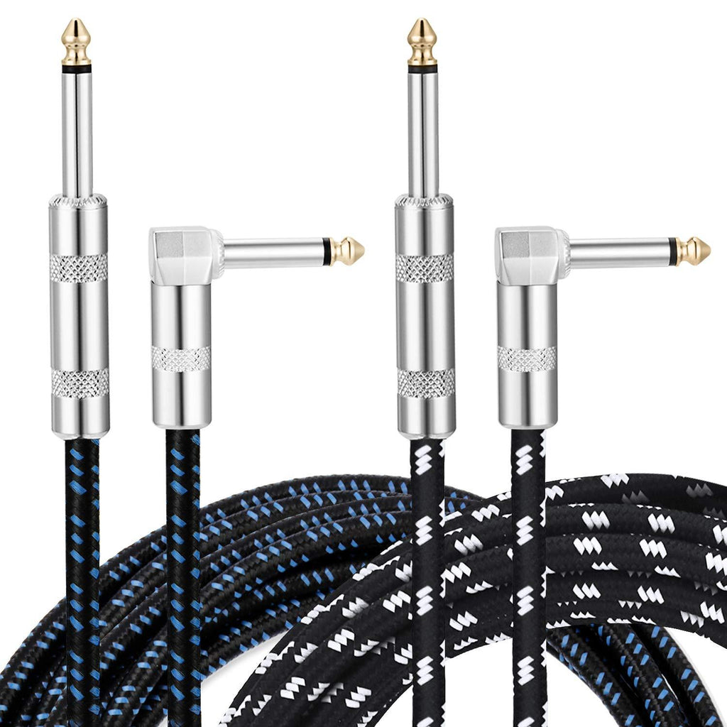 [AUSTRALIA] - Donner 2 Pack Guitar Cables 10 Feet AMP Cord for Instrument Electric Guitar Bass High Sound Quality Braided Cover 1/4” TS Right Angle to Straight Metal Connectors Black/White and Black/Blue 