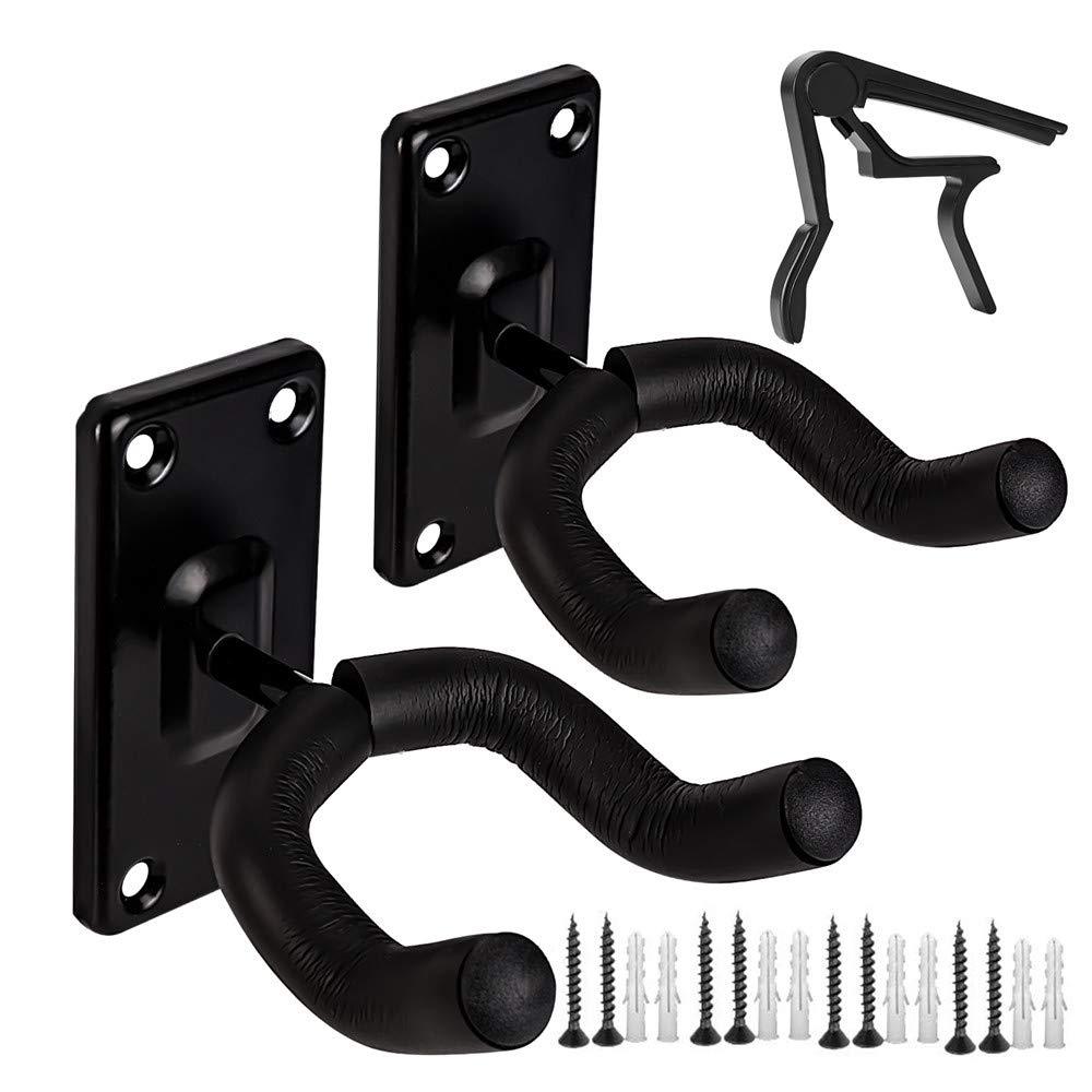 Guitar Wall Mount Hanger Hook Holder Stand ，2 Pack Guitar Hangers Hooks，for Acoustic Electric and Bass Guitars, With guitar capo, Ukulele, Mandolin，Banjo，Classical Guitar Accessories