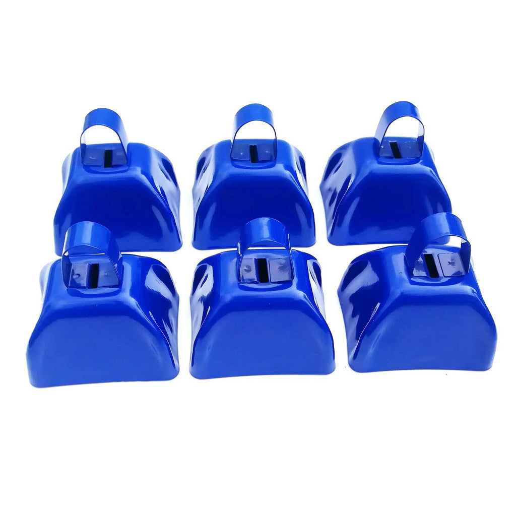 Blue Designed Cowbells School Cowbell, Pack of 6-3 Inches, Loud Metal Noise Makers Toys with Handles, Novelty Games and Gag Toys, Sporting Events, New Year’s Eve, for Kids and Adults