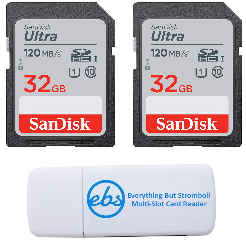 SanDisk 32GB SDHC SD Ultra Memory Card (Two Pack) Works with Canon EOS Rebel T7, Rebel T6, 77D Digital Camera Class 10 (SDSDUN4-032G-GN6IN) Bundle with (1) Everything But Stromboli Combo Card Reader 32GB 2 Pack