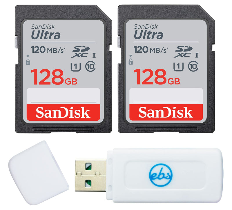 SanDisk 128GB SDXC SD Ultra Memory Card (Two Pack) Works with Canon EOS Rebel T7, Rebel T6, 77D Digital Camera Class 10 (SDSDUN4-128G-GN6IN) Bundle with (1) Everything But Stromboli Combo Card Reader 128GB 2 Pack