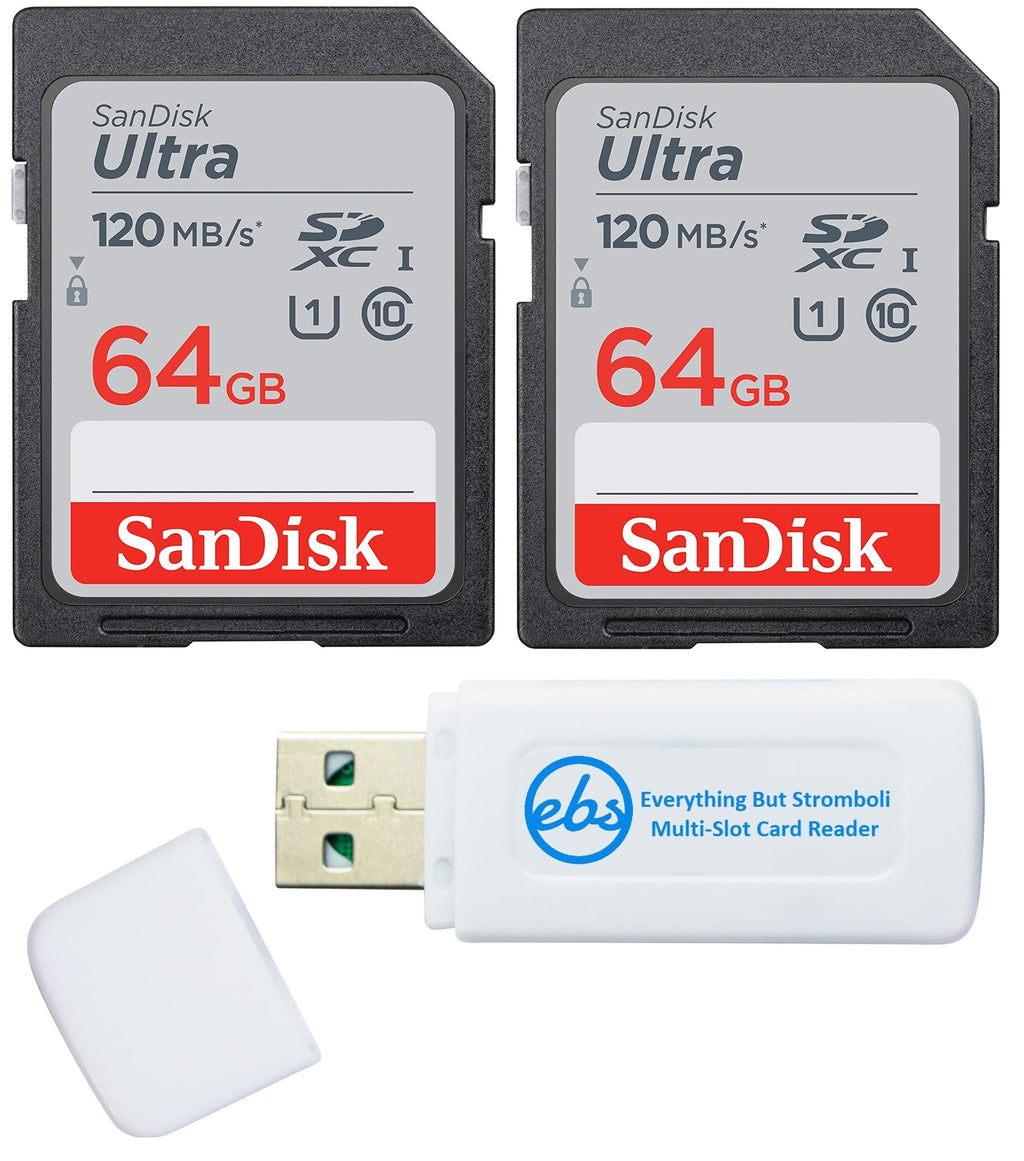 SanDisk 64GB SDXC SD Ultra Memory Card (Two Pack) Works with Canon EOS Rebel T7, Rebel T6, 77D Digital Camera Class 10 (SDSDUNR-064G-GN6IN) Bundle with (1) Everything But Stromboli Combo Card Reader 64GB 2 Pack