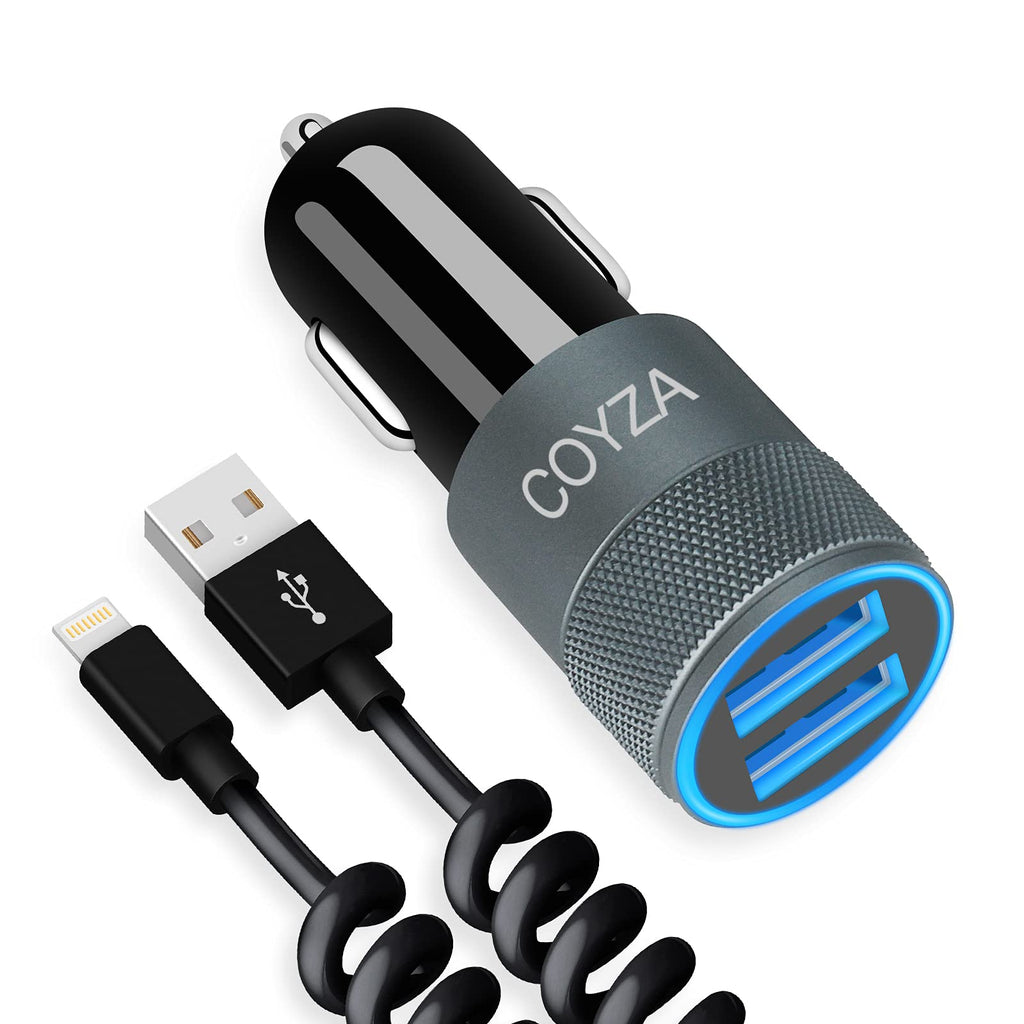COYZA Fast Car Charger Adapter, Compatible with iPhone 12/11/Pro Max/Pro/Mini/X/XS/XS MAX/XR/SE 2020/8 Plus/8/7 Plus/7/6s/6/iPad Air 3/Mini, 3.1A Dual USB Ports with Coiled Charging Cable Cord
