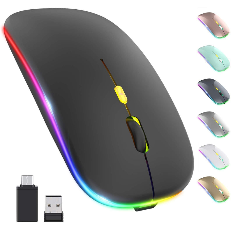 【Upgrade】 LED Wireless Mouse, Rechargeable Slim Silent Mouse 2.4G Portable Mobile Optical Office Mouse with USB & Type-c Receiver, 3 Adjustable DPI for Notebook, PC, Laptop, Computer, Desktop (Black) Black