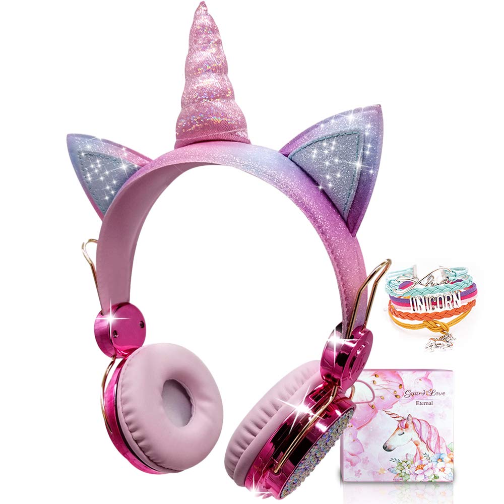 Kids Headphones, Wireless Headphones for Kids Unicorn Headphones for Girls Bluetooth Headphones w/Mic with Adjustable Headband, Over On Ear Headset for Smartphones/School/Kindle/Tablet/PC (Pink) Pink