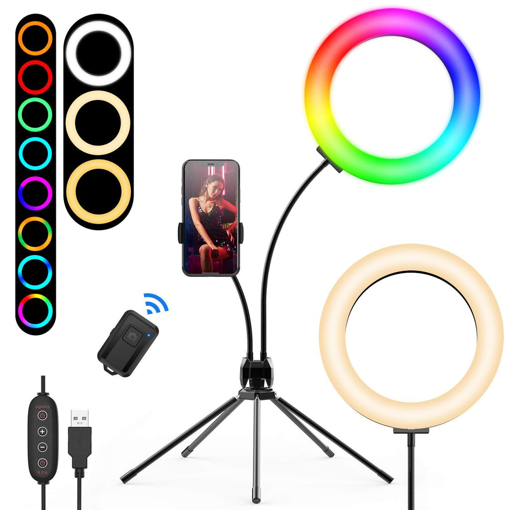 SEBIDER Selfie Ring Light, 8" RGB LED Ring Light with 5-arm Tripod Stand & Phone Holder, Dimmable Desk Makeup Ring Light with Bluetooth for Live Streaming & YouTube Video/TikTok/Photography 8 Inch