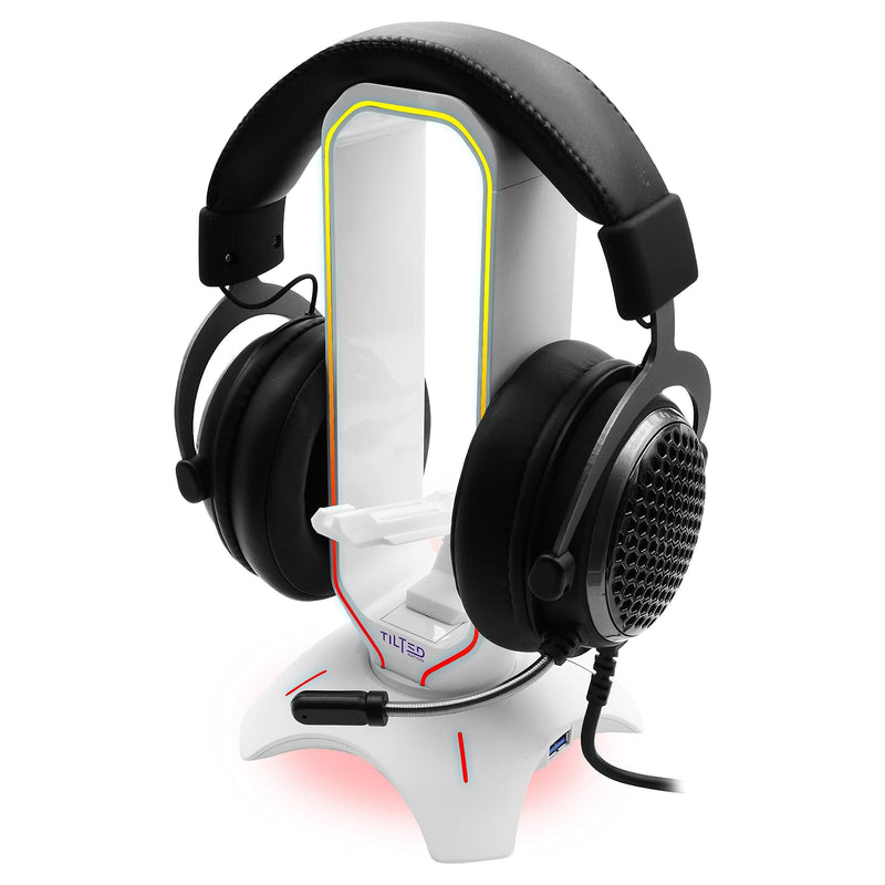 Tilted Nation RGB Gaming Headset Stand - 3 in 1 Design with Mouse Bungee and 2 Port USB 3.0 Hub - The Ultimate Gaming Accessory - Dynamic RGB Headphone Stand with USB Charger - White