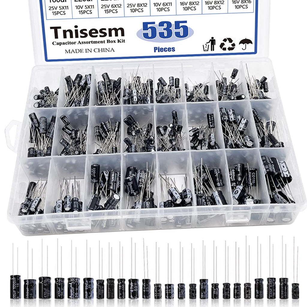 Tnisesm 535Pcs Electrolytic Capacitor 24 Value Range 0.1uF－1000uF Assortment Kit with Aluminum Radial Leads TN04-24Z 535PCS Assortment Kit